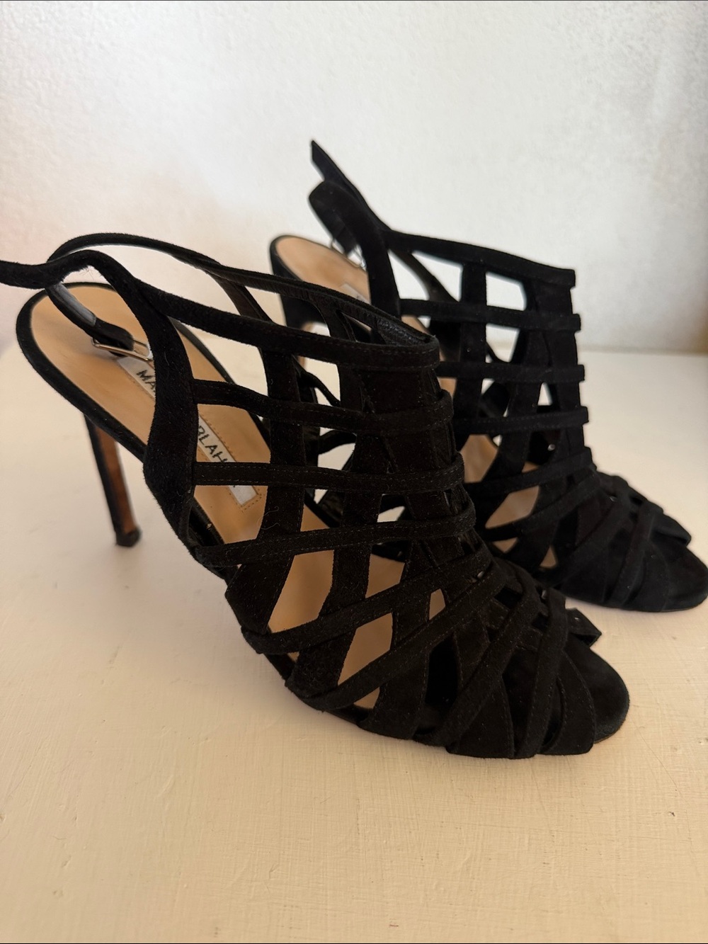 Manolo Blahnik Black Strappy Cage Slingback Heels